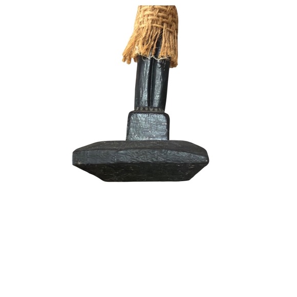 African Style Hand Carved Dark Wood Statue Thinking Man Pot Belly Feathers Twine - Picture 6 of 7